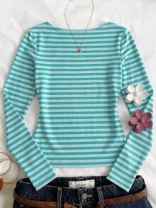 Teen Girls Casual Minimalist Fitted Crew Neck Long Sleeve Base Layer T-Shirt, Suitable For Autumn/Winter, Short Length - Multicolor - View 5