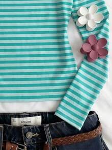 Teen Girls Casual Minimalist Fitted Crew Neck Long Sleeve Base Layer T-Shirt, Suitable For Autumn/Winter, Short Length - Multicolor - View 3
