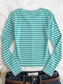 Teen Girls Casual Minimalist Fitted Crew Neck Long Sleeve Base Layer T-Shirt, Suitable For Autumn/Winter, Short Length - Multicolor - View 2