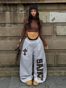 Coolane 女款秋冬休閒街頭風外出運動學院風復古豹紋印花灰色寬鬆彈性腰寬腿嘻哈舞慢跑褲 - 灰色 - 查看 3
