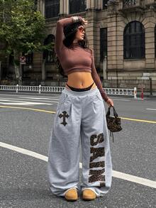Coolane 女款秋冬休閒街頭風外出運動學院風復古豹紋印花灰色寬鬆彈性腰寬腿嘻哈舞慢跑褲 - 灰色 - 查看 5
