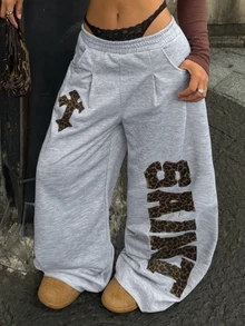 Coolane 女款秋冬休閒街頭風外出運動學院風復古豹紋印花灰色寬鬆彈性腰寬腿嘻哈舞慢跑褲 - 灰色 - 查看 6