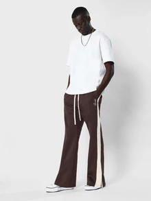 SUMWON Flared Bootcut Track Pants With Contrast Side Panel Stripe Drawstring Waist And Script Logo Detail - Chocolate Brown - View 3