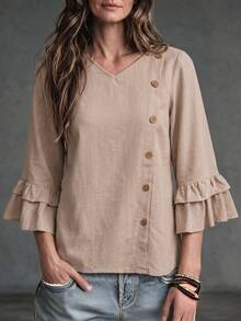 Hansera Women's V-Neck Long Sleeve Double Layer Ruffle Button Decor Half-Open Front Elegant Outdoor Commute Date Party Daily Blouse For Middle-Aged And Elderly - Apricot - View 2
