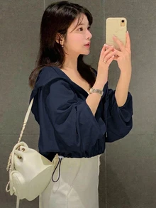 DAZY 休閒連帽輕便短款長袖女款襯衫 秋季 - 藏蓝色 - 查看 5