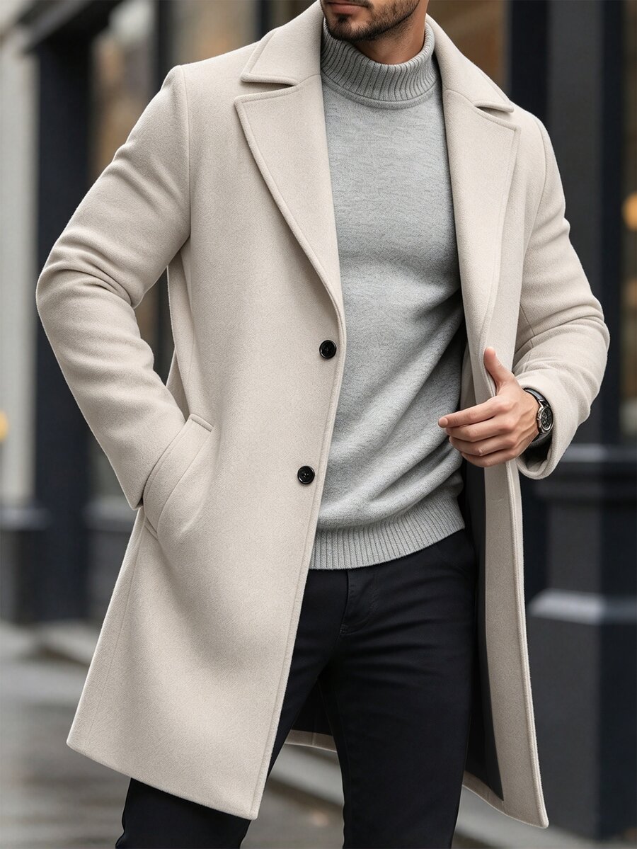 Manfinity Mode Men's Solid Color Pocket & Button Front Long Sleeve Overcoat, Autumn Fall, Winter Ceremony - Apricot - View 1