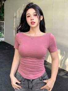 DAZY 女款灰粉色純色船領短袖T恤，休閒街頭戶外運動上衣，適合夏季日常約會 - 粉色 - 查看 2