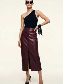 Women's Brown Slit Faux Leather High Waist Maxi Skirt - Burgundy - View 5