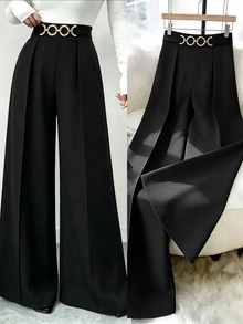 Elenzga 2026 New Vintage Black Commuter Daily Fashion Wide Leg Pants For Women, Spring/Autumn High Waist Draped Loose Slimming Straight Leg Independence Day Holiday Style Versatile Metal Chain Decor Long Pants - Black - View 3