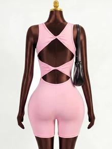 Mistrie Women's Solid Color Back Twist Cutout Design Sleeveless Sports Romper Gym Pink Summer Athleisure Sexy - Pink - View 2
