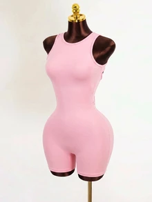Mistrie Women's Solid Color Back Twist Cutout Design Sleeveless Sports Romper Gym Pink Summer Athleisure Sexy - Pink - View 6
