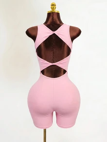 Mistrie Women's Solid Color Back Twist Cutout Design Sleeveless Sports Romper Gym Pink Summer Athleisure Sexy - Pink - View 5