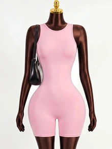 Mistrie Women's Solid Color Back Twist Cutout Design Sleeveless Sports Romper Gym Pink Summer Athleisure Sexy - Pink - View 4