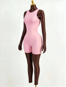 Mistrie Women's Solid Color Back Twist Cutout Design Sleeveless Sports Romper Gym Pink Summer Athleisure Sexy - Pink - View 9