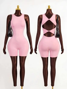 Mistrie Women's Solid Color Back Twist Cutout Design Sleeveless Sports Romper Gym Pink Summer Athleisure Sexy - Pink - View 3