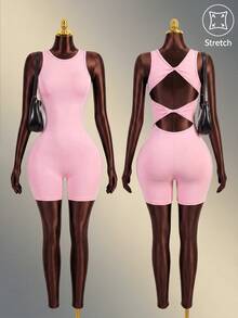 Mistrie Women's Solid Color Back Twist Cutout Design Sleeveless Sports Romper Gym Pink Summer Athleisure Sexy - Pink - View 1