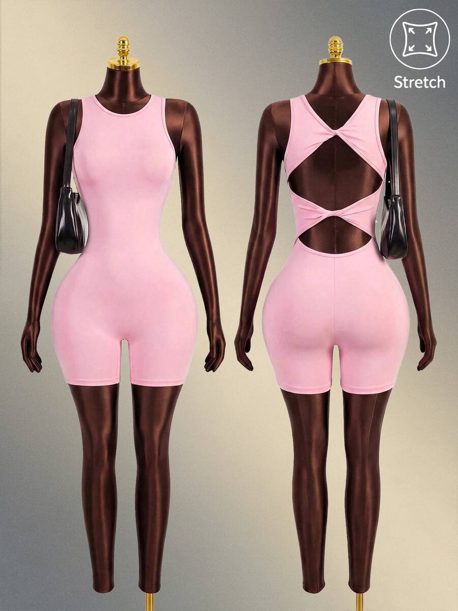Mistrie Women's Solid Color Back Twist Cutout Design Sleeveless Sports Romper Gym Pink Summer Athleisure Sexy - Pink - View 1