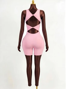 Mistrie Women's Solid Color Back Twist Cutout Design Sleeveless Sports Romper Gym Pink Summer Athleisure Sexy - Pink - View 8