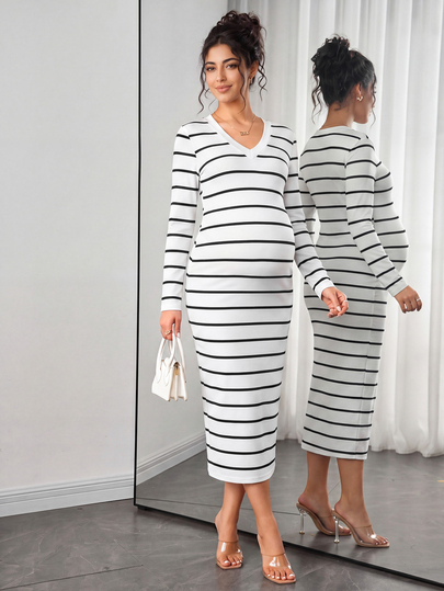 Momance Maternity Dress French Black & White Striped V-Neck Knit Dress Slim Fit Bodycon Mid-Length Elegant Long Sleeve Dress