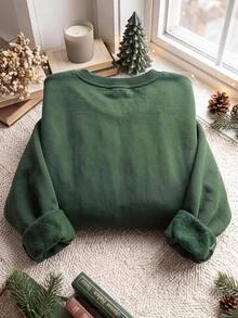 SHEIN EZwear 秋冬新款聖誕樹逼真刺繡圖案圓領長袖寬鬆加厚女款衛衣，適合節日、秋季上衣，適用日常通勤、約會、聚會，秋冬夏季通用，聖誕節、新年、感恩節、派對、新年 - 墨綠色 - 查看 2
