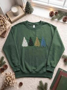 SHEIN EZwear 秋冬新款聖誕樹逼真刺繡圖案圓領長袖寬鬆加厚女款衛衣，適合節日、秋季上衣，適用日常通勤、約會、聚會，秋冬夏季通用，聖誕節、新年、感恩節、派對、新年 - 墨綠色 - 查看 3