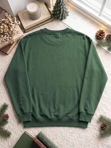 SHEIN EZwear 秋冬新款聖誕樹逼真刺繡圖案圓領長袖寬鬆加厚女款衛衣，適合節日、秋季上衣，適用日常通勤、約會、聚會，秋冬夏季通用，聖誕節、新年、感恩節、派對、新年 - 墨綠色 - 查看 4