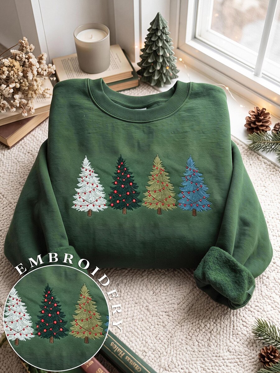 SHEIN EZwear 秋冬新款聖誕樹逼真刺繡圖案圓領長袖寬鬆加厚女款衛衣,適合節日、秋季上衣,適用日常通勤、約會、聚會,秋冬夏季通用,聖誕節、新年、感恩節、派對、新年 - 墨綠色 - 查看 1