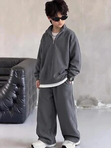 SHEIN 2pcs Kids Tween Boy Stand Collar Sweatshirt & Sweatpants Casual Versatile Two Pieces Set, Suitable For Autumn/Winter Casual Sports, Outings, School Occasions Tracksuit - Grey - View 5