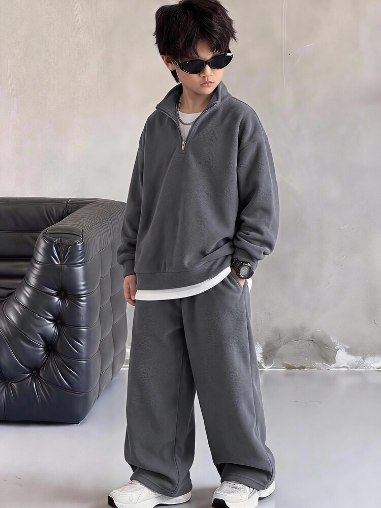 SHEIN 2pcs Kids Tween Boy Stand Collar Sweatshirt & Sweatpants Casual Versatile Two Pieces Set, Suitable For Autumn/Winter Casual Sports, Outings, School Occasions Tracksuit - Grey - View 4