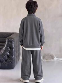 SHEIN 2pcs Kids Tween Boy Stand Collar Sweatshirt & Sweatpants Casual Versatile Two Pieces Set, Suitable For Autumn/Winter Casual Sports, Outings, School Occasions Tracksuit - Grey - View 3