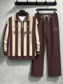 Daypath Setelan Sweatshirt dan Celana Olahraga Polyester Longgar Berwarna Cokelat dan Krem dengan Motif Garis-garis Gaya Kampus dan Resleting Seperempat, Dilengkapi Grafis Los Angeles - MultiWarna - View 4
