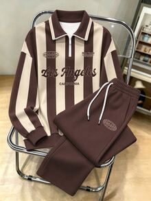 Daypath Setelan Sweatshirt dan Celana Olahraga Polyester Longgar Berwarna Cokelat dan Krem dengan Motif Garis-garis Gaya Kampus dan Resleting Seperempat, Dilengkapi Grafis Los Angeles - MultiWarna - View 1