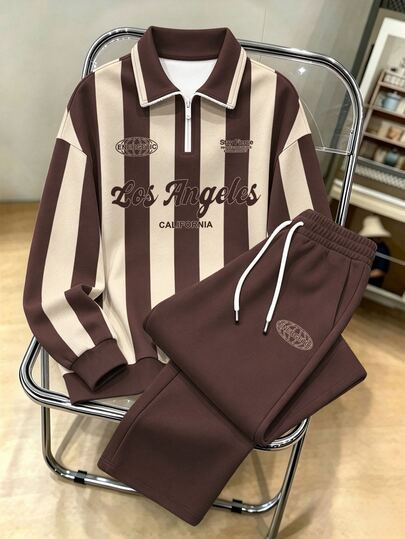 Daypath Loose-Fit Brown And Beige Collegiate-Stripe Quarter-Zip Polyester Sweatshirt And Sweatpants Set With Los Angeles Graphic