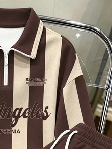Daypath Setelan Sweatshirt dan Celana Olahraga Polyester Longgar Berwarna Cokelat dan Krem dengan Motif Garis-garis Gaya Kampus dan Resleting Seperempat, Dilengkapi Grafis Los Angeles - MultiWarna - View 3