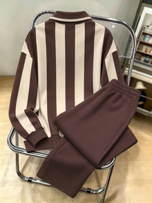 Daypath Setelan Sweatshirt dan Celana Olahraga Polyester Longgar Berwarna Cokelat dan Krem dengan Motif Garis-garis Gaya Kampus dan Resleting Seperempat, Dilengkapi Grafis Los Angeles - MultiWarna - View 2
