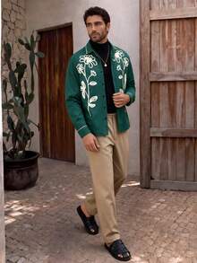 Manfinity RebelGame Men's Winter Casual Floral Embroidered Coat, Thermal Lined, Flap - Dark Green - View 5