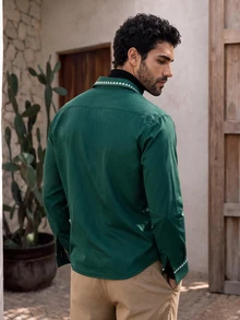 Manfinity RebelGame Men's Winter Casual Floral Embroidered Coat, Thermal Lined, Flap - Dark Green - View 3