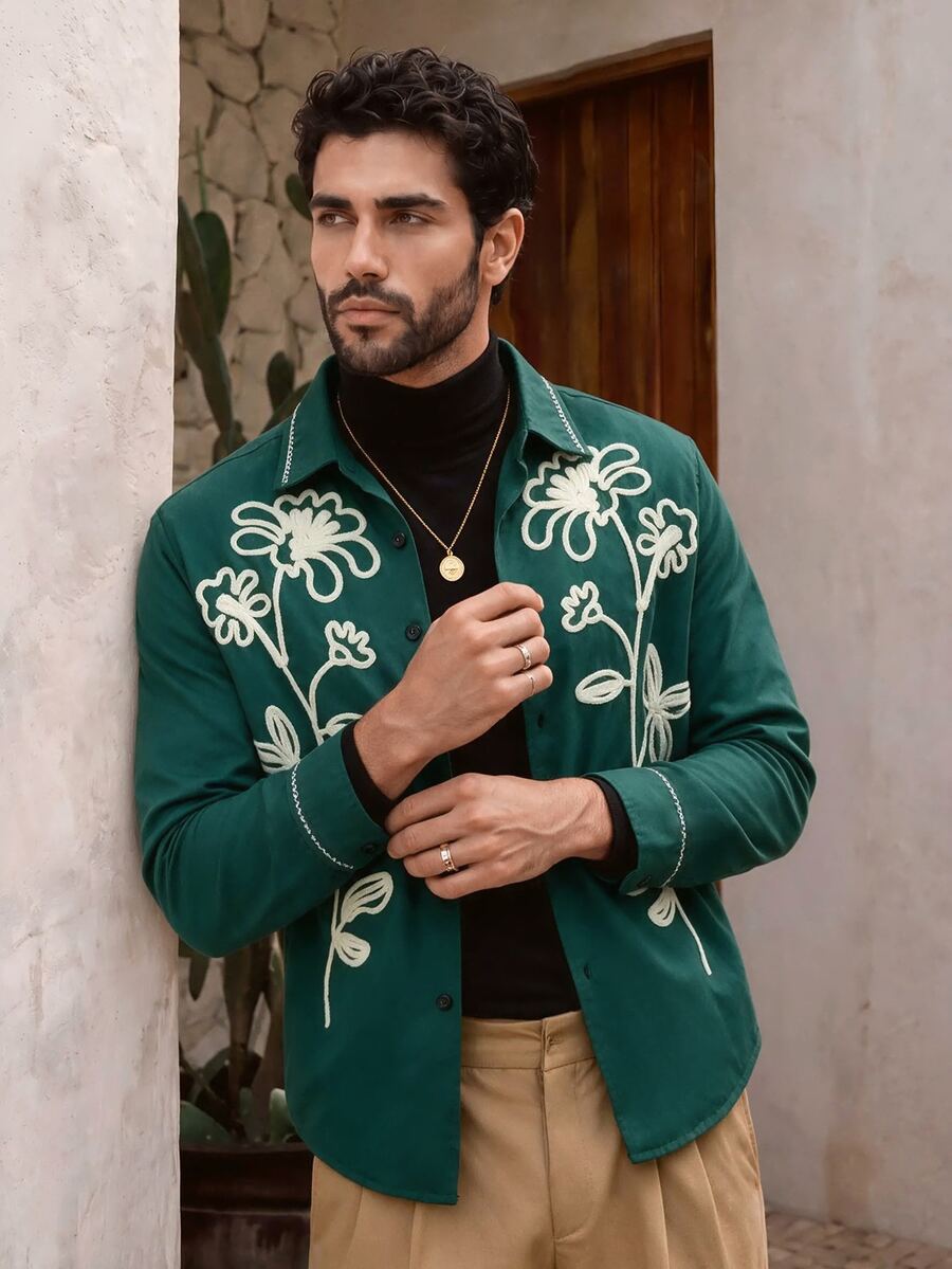 Manfinity RebelGame Men's Winter Casual Floral Embroidered Coat, Thermal Lined, Flap