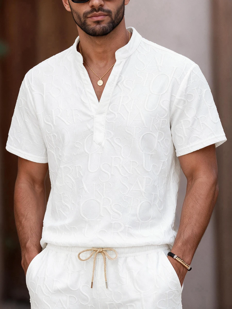 Mainfolk Loose Men's Notched Neck Top & Drawstring Waist Pants Set, Old Money, Cozy Outfits, Vacation, Father's Day Gifts, Football - White - View 1