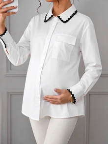 Momance Maternity Fashion Shell Embroidered Button Shirt, Minimalist Daily Wear Fall - White - View 4