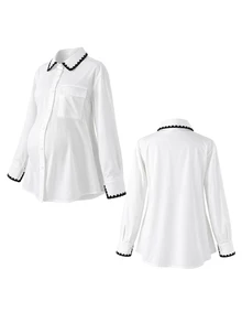 Momance Maternity Fashion Shell Embroidered Button Shirt, Minimalist Daily Wear Fall - White - View 7