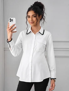 Momance Maternity Fashion Shell Embroidered Button Shirt, Minimalist Daily Wear Fall - White - View 2