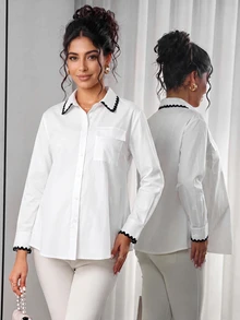 Momance Maternity Fashion Shell Embroidered Button Shirt, Minimalist Daily Wear Fall - White - View 1