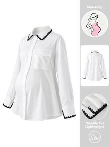 Momance Maternity Fashion Shell Embroidered Button Shirt, Minimalist Daily Wear Fall - White - View 5