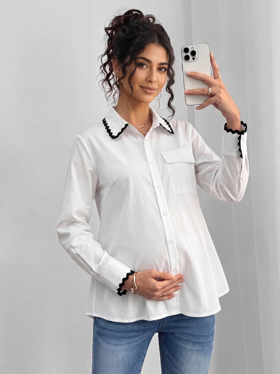 Momance Maternity Fashion Shell Embroidered Button Shirt, Minimalist Daily Wear Fall - White - View 1