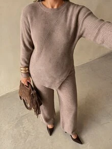Auralis Slouchy Diagonal Ribbed Asymmetrical Half-High Neck Knit Top Straight Leg Knit Pants Set Women Autumn Winter, Fall/Winter, Thanksgiving, New Year - Khaki - View 4