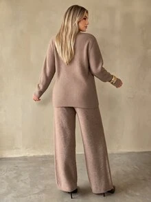 Auralis Slouchy Diagonal Ribbed Asymmetrical Half-High Neck Knit Top Straight Leg Knit Pants Set Women Autumn Winter, Fall/Winter, Thanksgiving, New Year - Khaki - View 5