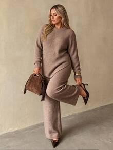 Auralis Slouchy Diagonal Ribbed Asymmetrical Half-High Neck Knit Top Straight Leg Knit Pants Set Women Autumn Winter, Fall/Winter, Thanksgiving, New Year - Khaki - View 6