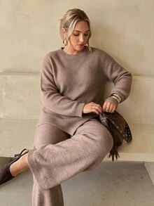 Auralis Slouchy Diagonal Ribbed Asymmetrical Half-High Neck Knit Top Straight Leg Knit Pants Set Women Autumn Winter, Fall/Winter, Thanksgiving, New Year - Khaki - View 8