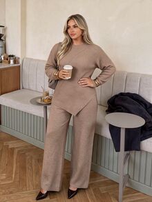 Auralis Slouchy Diagonal Ribbed Asymmetrical Half-High Neck Knit Top Straight Leg Knit Pants Set Women Autumn Winter, Fall/Winter, Thanksgiving, New Year - Khaki - View 3